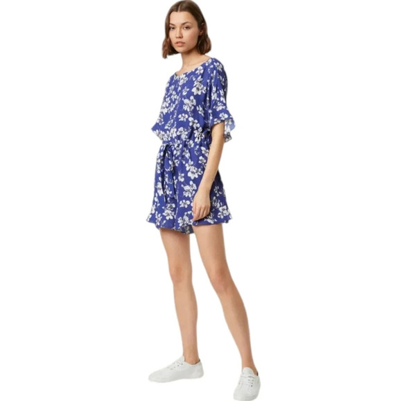 French Connection Fios Crepe Flutter Sleeve Playsuit Romper Blue White Size 4 - Picture 1 of 12